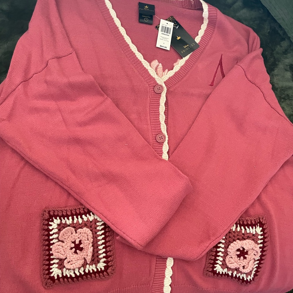 Disney Women's Pink V-Neck Crochet Patch Cardigan